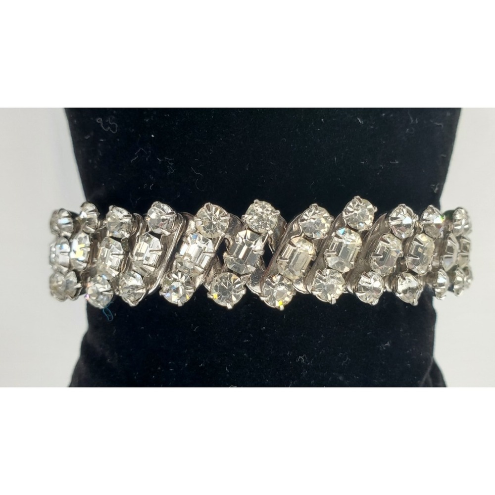 Vtg Silver Tone Clear Emerald Cut Rhinestone 3 Strand Expandable Cuff Bracelet